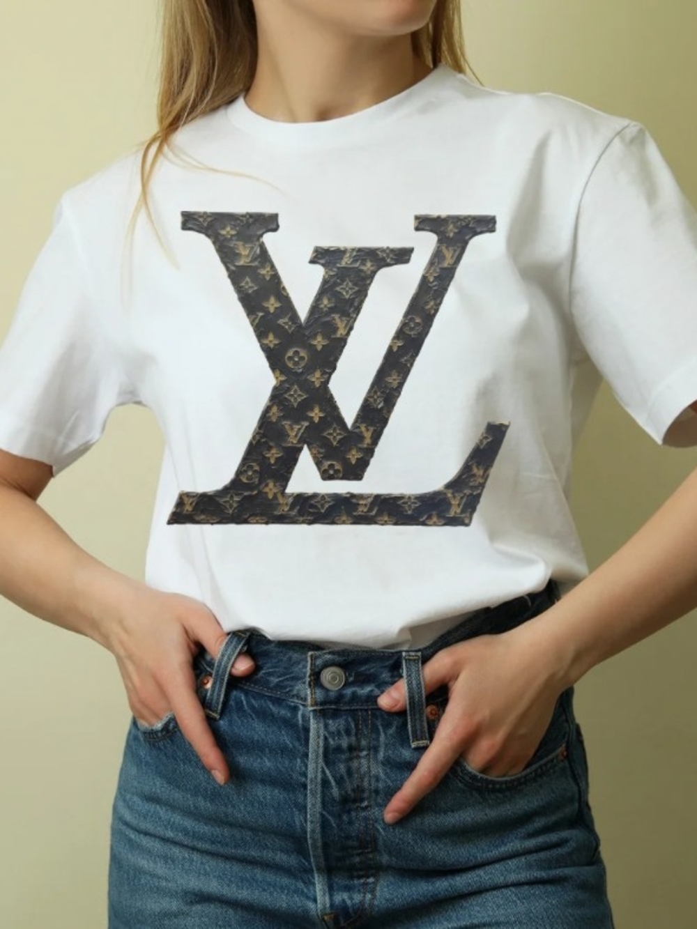 White Short Sleeve Tee with Large Monogram Print